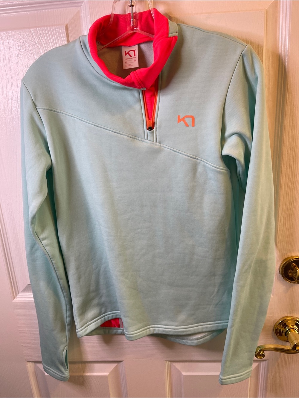 Kari Traa Light Aqua Half-Zip Pullover with Neon Coral Accents